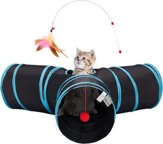 Pet Cat Tunnel Tube Toys 3 Way Collapsible, Tunnels for Indoor Cats, Interactive Tube with Teaser Wand, Peek Holes & Hanging Ball, Black & Blue | 3-Way Cat Tunnel with Peek Holes, Hanging Ball and Teaser Wand, Collapsible Design for Play, Hiding, Chasing