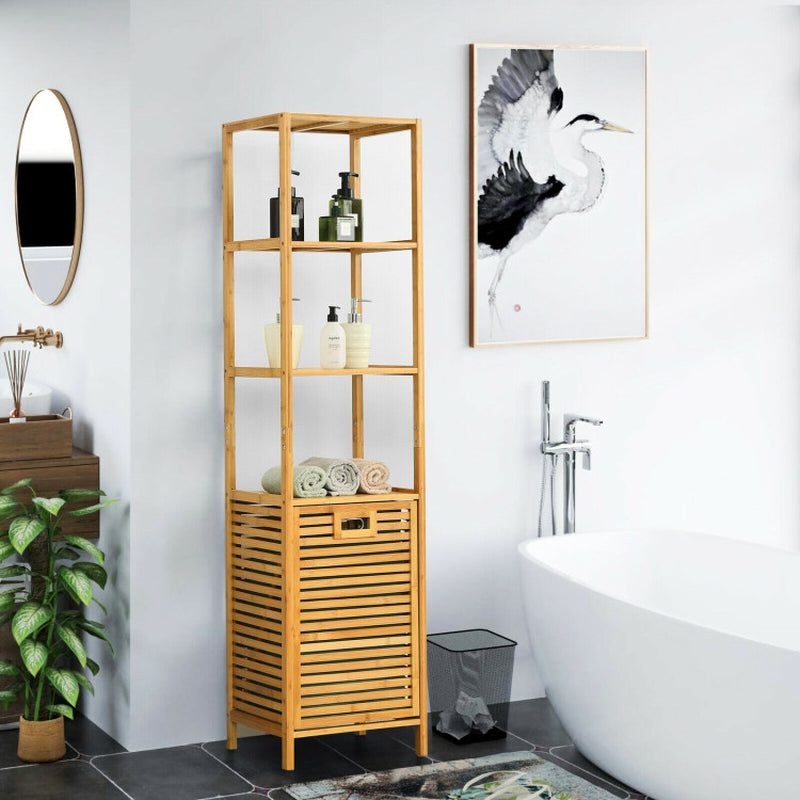 Bamboo Tower Hamper Organizer with 3-Tier Storage Shelves