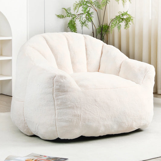 Oversized Bean Bag Chair for Adults, White Faux Fur Memory Foam Bean Bag Sofa, Pre-Filled Comfy Lazy Sofa Chair with Removable Cover for Living Room Bedroom Dorm