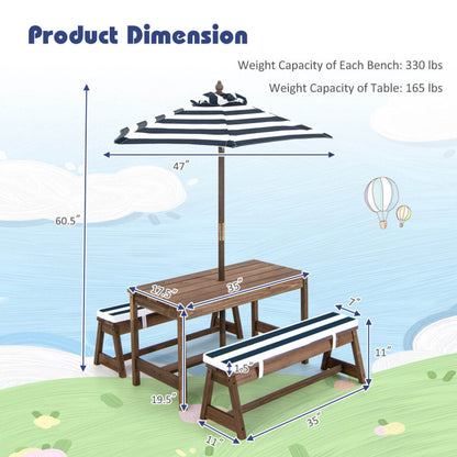 Kids Picnic Table and Chairs with Cushions and Height Adjustable Umbrella
