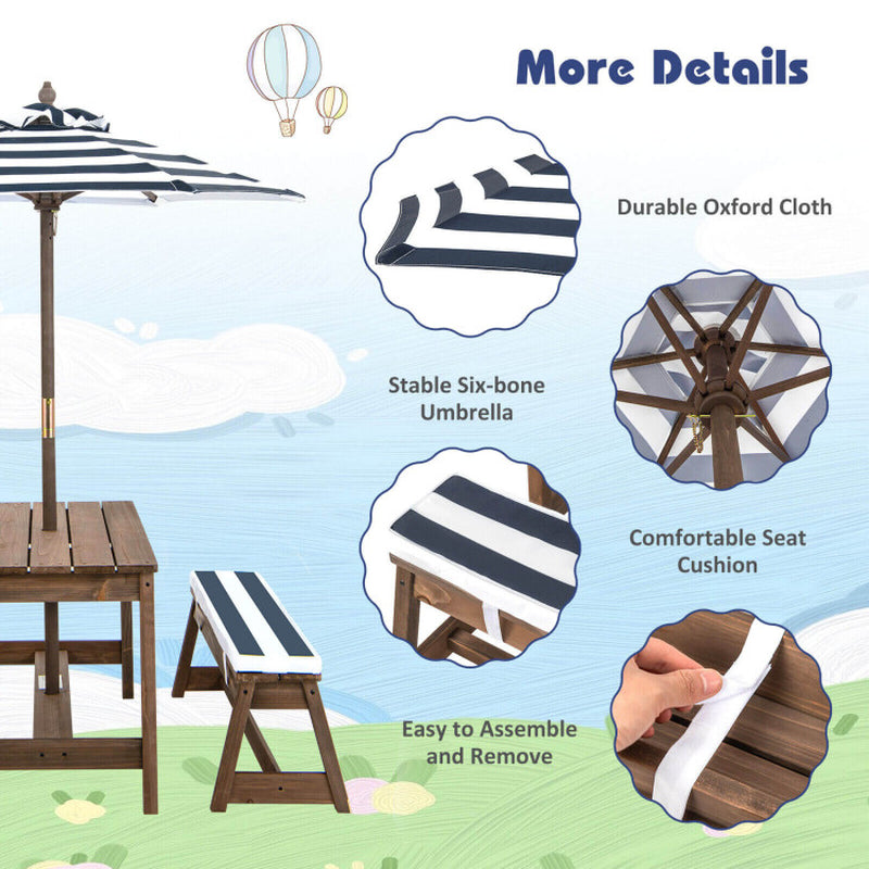 Kids Picnic Table and Chairs with Cushions and Height Adjustable Umbrella