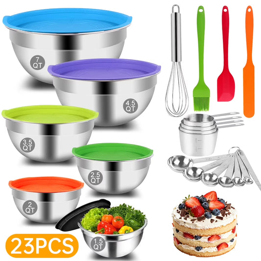 Mixing Bowls with Lids Set, 23 Pcs Kitchen Utensils Stainless Steel Nesting Bowls, Measuring Cups Spoons, 12 Reusable Silicone Stretch Lids Non-Slip Mat Egg Whisk for Baking Cooking by